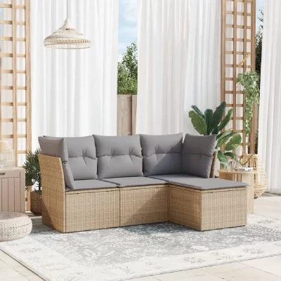VIDAXL Salon de jardin  avec coussins 4 pcs beige et gris tress&eacute;e