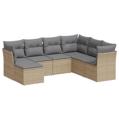  Salon de jardin vidaXL avec coussins 7 pcs beige r&eacute;sine tress&eacute;e