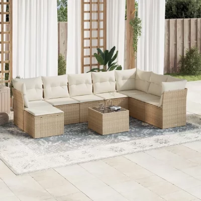 VIDAXL Salon de jardin  avec coussins 9 pcs beige r&eacute;sine tress&eacute;e