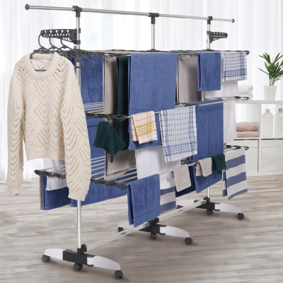 IDMARKET S&eacute;choir &agrave; linge 50m supra xxl gris/blanc 3 niveaux + barre t&eacute;lescopique