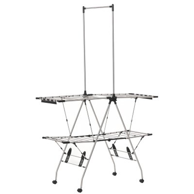 HOMCOM S&eacute;choir &agrave; linge &eacute;tendoir &agrave; v&ecirc;tements pliable r&eacute;glable acier inox. PP noir