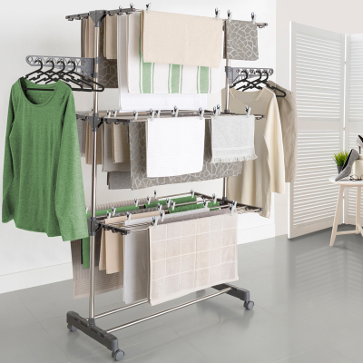 IDMARKET S&eacute;choir &agrave; linge inox MAXIMA gris &eacute;tendoir pliable H.145 CM + 30 accessoires