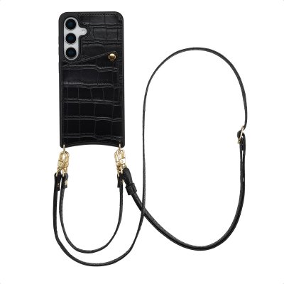 SELENCIA  Coque de t&eacute;lephone Nova Croco avec cordon et porte-cartes Samsung Galaxy S24 / S25 - Noir