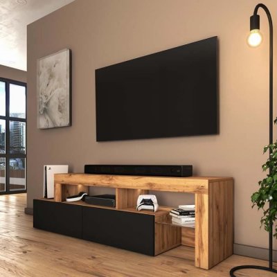 SELSEY  Asten - Meuble TV - 172 cm ch&ecirc;ne wotan - fa&ccedil;ade Noir - avec LED