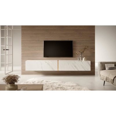 SELSEY  - bisira - Meuble tv 200 cm en marbre blanc avec insert dor&eacute;