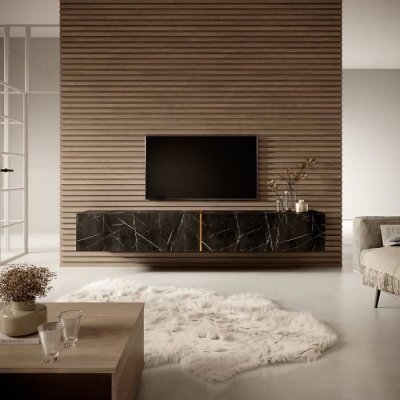 SELSEY  - bisira - Meuble tv 200 cm en marbre noir avec insert dor&eacute;