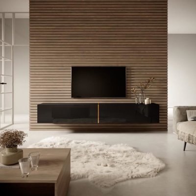 SELSEY  - bisira - Meuble tv 200 cm noir avec insert dor&eacute;