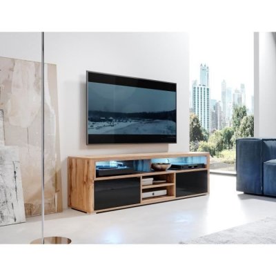 SELSEY  Mario - Meuble TV/Banc TV (140 cm, ch&ecirc;ne wotan/Noir Brillant, avec LED)