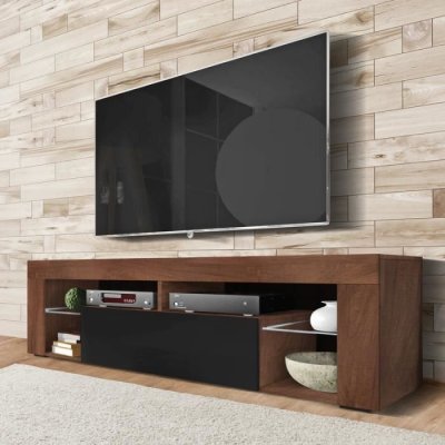 SELSEY  Meuble tv - BIANKO - 140 cm - noyer mat / noir brillant