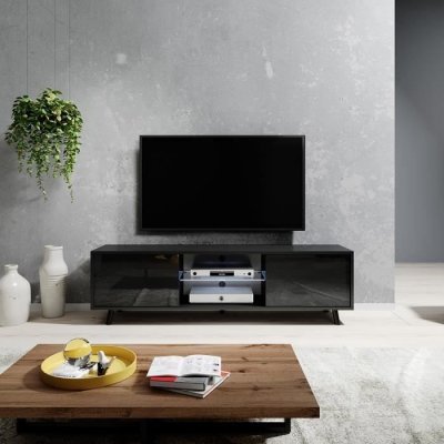 SELSEY  Meuble tv - LEFYR - 140 cm - noir mat / noir brillant - &eacute;clairage LED