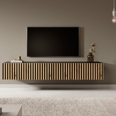 SELSEY  - telire - Meuble tv 175 cm noir avec fa&ccedil;ade artisanale ch&ecirc;ne frais&eacute;