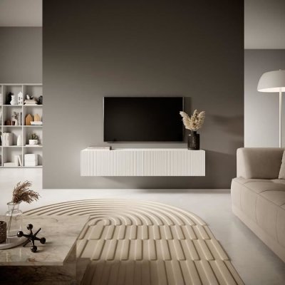 SELSEY  - veldio - Meuble tv 140 cm blanc avec fa&ccedil;ade frais&eacute;e