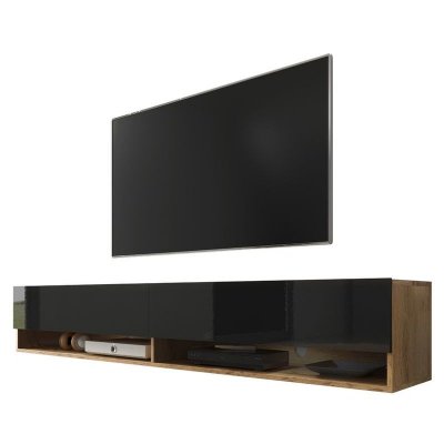 SELSEY  Wander - Meuble TV/Banc TV (ch&ecirc;ne wotan/Noir Brillant, 180 cm, sans LED)