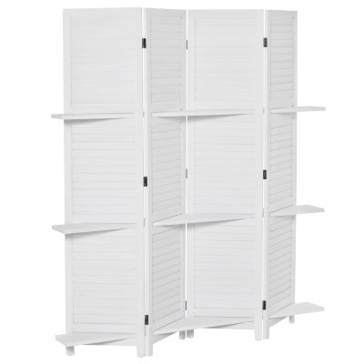 S&eacute;parateur de pi&egrave;ces 4 panneaux 3 &eacute;tag&egrave;res pliables bois blanc