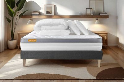 SEPTNUITS  - Pack lit complet Memo Zen gris - matelas + sommier + 2 oreillers + couette - 160x200 cm