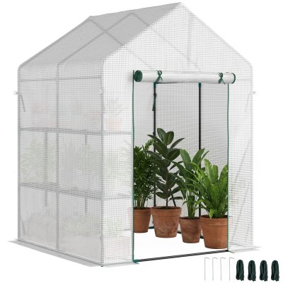 OUTSUNNY Serre de jardin 2 tablettes acier PE haute densit&eacute; transparent blanc