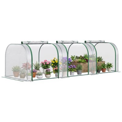 OUTSUNNY Serre de jardin tunnel 2,95L x 1l x 0,8H m 3 portes zipp&eacute;es b&acirc;che PVC transparent m&eacute;tal &eacute;poxy vert