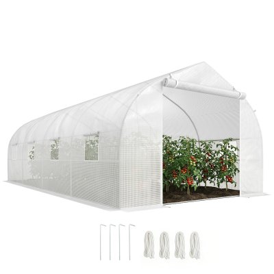 OUTSUNNY Serre tunnel de jardin dim. 6L x 3l x 2H m acier galvanis&eacute; b&acirc;che PE haute densit&eacute; blanc