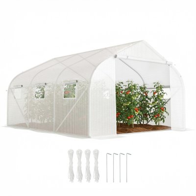 OUTSUNNY Serre tunnel de jardin grande taille porte + 6 fen&ecirc;tres acier galvanis&eacute; PE haute densit&eacute; blanc