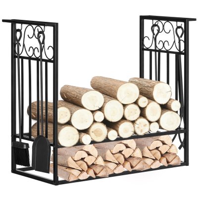 HOMCOM Serviteur de chemin&eacute;e - porte b&ucirc;ches avec accessoires noir 