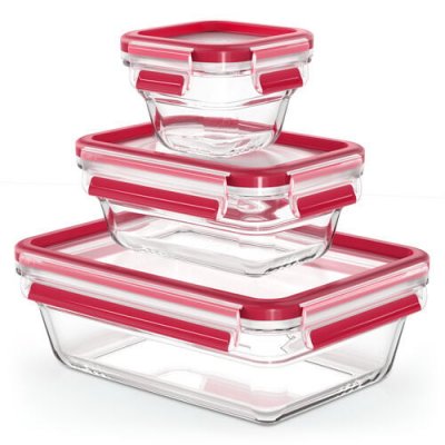 EMSA Set 3 bo&icirc;tes rectangulaires verre Clip & Close rouge 18+45+130 cl