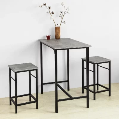 Set de 1 table et 2 tabourets effet bois et m&eacute;tal noir