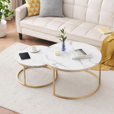 Set de 2 tables basses en m&eacute;tal avec plateau, or+blanc