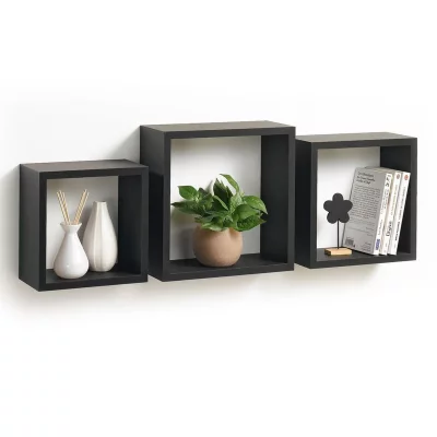 Set de 3 &eacute;tag&egrave;res cubes de rangement HOMEA - Design contemporain - MDF - Noir
