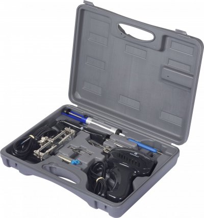 TOOLCRAFT Set de soudure (Pistolet &agrave; souder 100 W, fer &agrave; souder 30 W, 3&egrave;me main, pompe &agrave; dessouder)