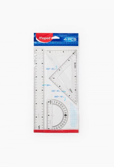 MAPED Set de tra&ccedil;age 4 pi&egrave;ces r&egrave;gle + &eacute;querre + rapporteur + triangle en plastique
