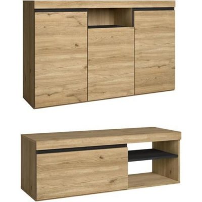 SKRAUT HOME Set Naturale salle &agrave; manger, meuble auxilier, buffet-meuble TV 120cm ch&ecirc;ne nordique noir