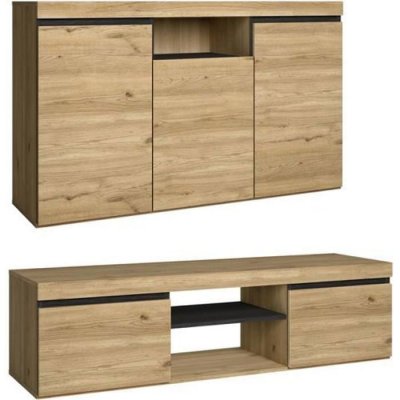 SKRAUT HOME Set Naturale salle &agrave; manger, meuble auxilier, buffet-meuble TV 140cm ch&ecirc;ne nordique noir