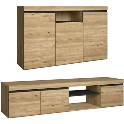 SKRAUT HOME Set Naturale salle &agrave; manger, meuble auxilier, buffet-meuble TV 160cm ch&ecirc;ne nordique noir