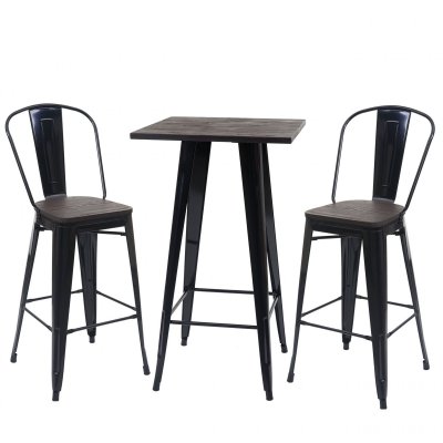 Set table mange-debout et 2x tabouret de bar MENDLER HWC-A73 design industriel m&eacute;tal noir