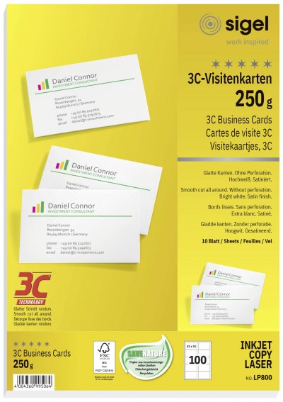 SIGEL  Lp800 Lot de 100 Cartes de Visite Imprimables, 3C, 8,5 X 5,5 cm, 250 G