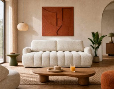 BEST MOBILIER Silvia - Canap&eacute; droit 3 places convertible avec coffre - en tissu bouclette - Beige