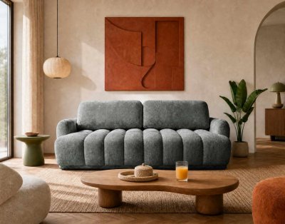 BEST MOBILIER Silvia - Canap&eacute; Droit 3 Places Convertible Avec Coffre - En Tissu Bouclette - Gris