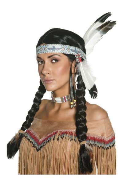 SMIFFYS  Perruque inspir&eacute;e am&eacute;rindienne, noire, tresses et bandeau &agrave; plumes