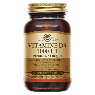 SOLGAR  Vitamine D3 1000 Ui Comprim&eacute;s &agrave; Croquer - Flacon 100 comprim&eacute;s