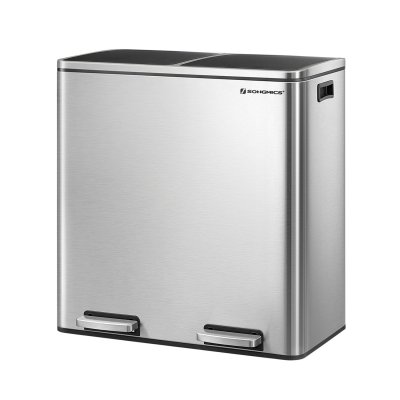 SONGMICS  Poubelle &agrave; Double Compartiment 2 x 30L, avec 15 Sacs Poubelles, P&eacute;dales en M&eacute;tal, Argent