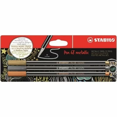 STABILO  Blister X 3 Feutres M&eacute;tallis&eacute;s  Pen 68 Metallic - Or, Argent, Cuivre