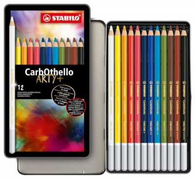 STABILO  CarbOthello - Bo&icirc;te m&eacute;tal - lot de 12 crayons de couleur fusain pastel