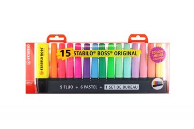 STABILO  Set de Bureau 15 Surligneurs BOSS Coloris 9 Fluo et 6 Pastel