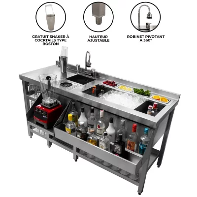 Station Bar &agrave; Cocktail Professionelle 152cm x 78cm Restaurant Caf&eacute; Inox 304 91L