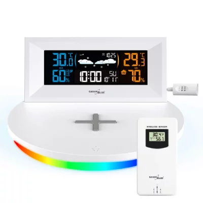 GREEN BLUE Station m&eacute;t&eacute;o sans fil -  - GB213 - Chargeur Qi - &Eacute;cran LCD - R&eacute;veil snooze