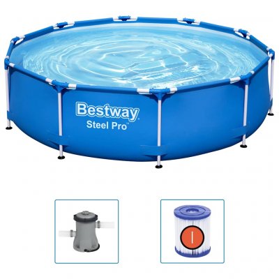 BESTWAY Steel Pro - Piscine tubulaire avec pompe de filtration - 305x76 cm - Ronde - Bleu - 