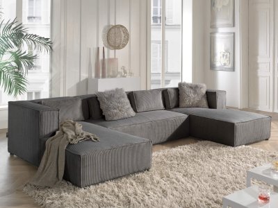 LISA DESIGN Stella - canap&eacute; panoramique en U - 7 places - en velours c&ocirc;tel&eacute; - Gris fonc&eacute;