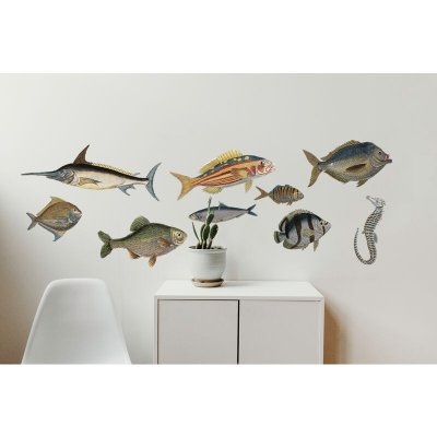 PLAGE Sticker d&eacute;coratif autocollant, gravures de poisson, 48 cm X 68 cm