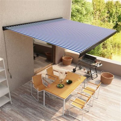 VIDAXL Store &agrave; cassette manuel 400x300 cm Bleu et blanc  bleu et blanc (cadre gris)