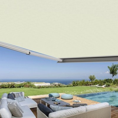 COTE STORE Store banne coffre int&eacute;gral 4 x 3,5 m motoris&eacute; et manuel ext&eacute;rieur pour terrasse - &Eacute;cru